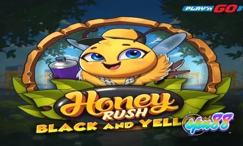 Tampilan visual grid sarang lebah dengan latar belakang kota neon di Honey Rush Black and Yellow